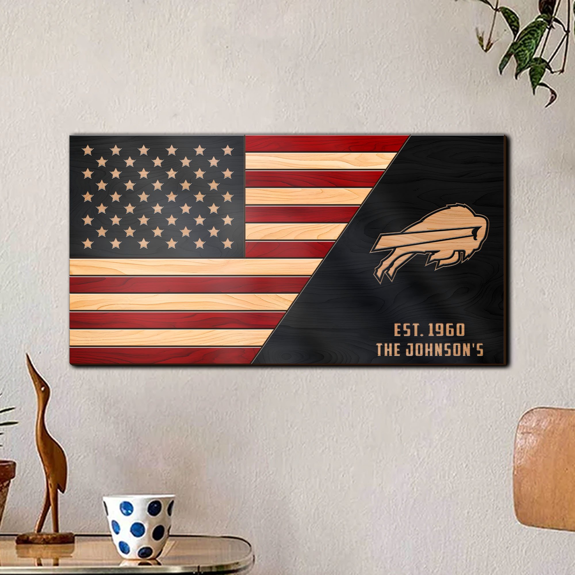 Buffalo Bills Team And America Flag 2 Layers Woodsign, Football Team Sign , Football Lover Gifts, Home Decorations ETRG-59563